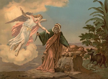 Scene from the biblical story, God asks Abraham to sacrifice his beloved son Isaac on Mount Moriah