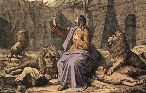 Scene from the biblical story, Daniel in the lion's den, well-known biblical story in which the