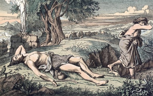 Scene from the biblical story, Cain and Abel, a central story from Genesis, the Bible, in which the