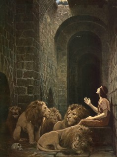 Scene from the biblical story, Daniel in the lion's den, well-known biblical story in which the