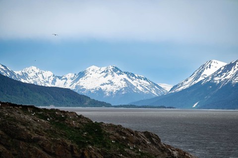 View over the Turnagain Arm estuary to the mountains of the Kenai Peninsula, Anchorage, Alaska, USA