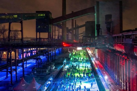 Ice rink at the Zollverein coking plant, ice skating with music and many lighting effects, Essen,