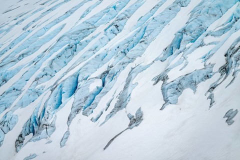 Blue rugged glacier ice with crevasses and snow, detail, Exit Glacier, Kenai Peninsula, Alaska, USA