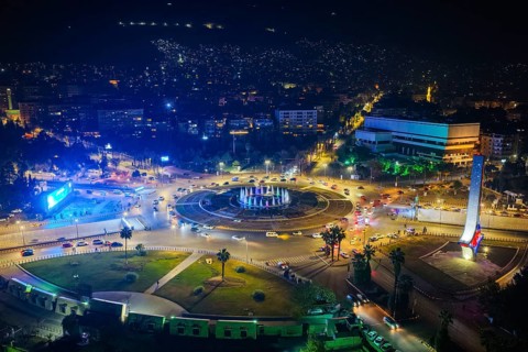 In Damascus, Syria, on December 29, 2025, nighttime drone footage shows the Syrian capital fully