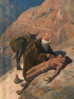 Scene from the biblical story, The Parable of the Good Samaritan is one of the most famous stories