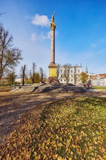 Victory column, general architecture, houses, trees with autumn leaves, meadow, fallen leaves, blue