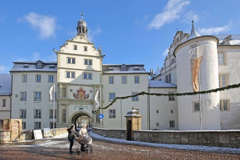 Portal of the Teutonic Order Castle in winter with snow, Castle, Bad Mergentheim, Tauber Franconia,