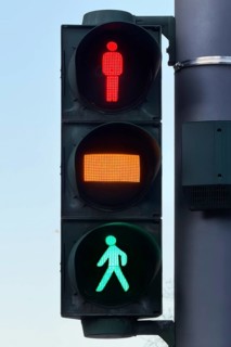 Pedestrian traffic light with yellow phase, Düsseldorf is the only city in Germany with a yellow