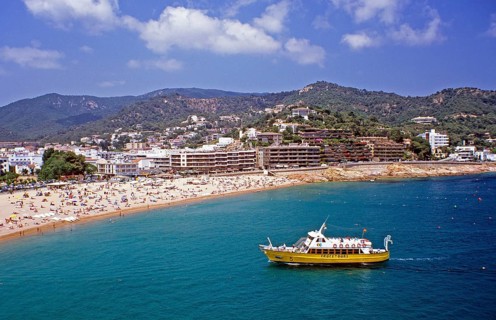 Excursion boat on Tossa de Mar beach, Costa Brava, Spain, June 1999, vintage, retro, old, historic