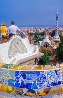 Ceramic benches, Parc Güell, Barcelona, Spain, June 1999, vintage, retro, old, historic