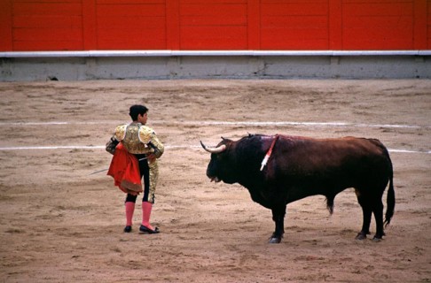 Bullfight, torero, matador, capote, bull, arena, Barcelona, Spain, June 1999, vintage, retro, old,