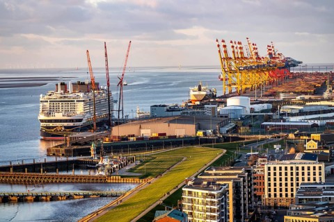 Disney Adventure cruise ship at Bremerhaven Cruise Port, MSC and Eurogate container terminal at