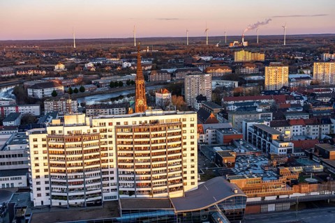 Columbus Center residential skyscrapers, front, over 550 apartments, partly luxurious condominium,