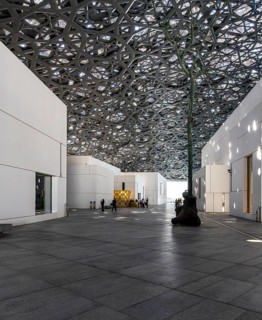 Interior design in Louvre Abu Dhabi, art museum by French architect Jean Nouvel, buildings on