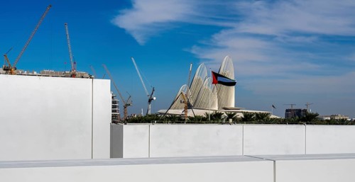 View of a construction site and roof of the Zayed National Museum, Saadiyat Island, Abu Dhabi,