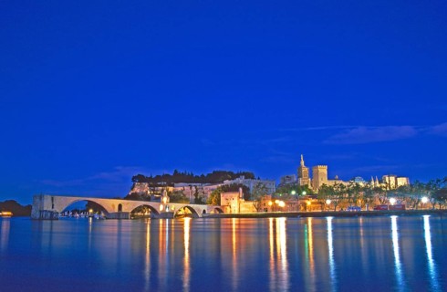 Avignon at night, bridge, Rhône river, Provence, southern France, France, June 1999, vintage,
