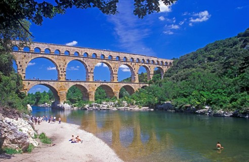 Beach, Gardon river, Pont du Gard near Avignon, southern France, June 1999, vintage, retro, old,