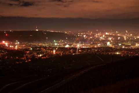 View from Kapellberg near Fellbach across the Neckar Valley to Stuttgart on New Year's Eve from