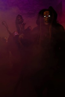 Krampus with glowing eyes, fog, murmurs, winter, Waldburg Castle, Allgäu, Baden-Württemberg,