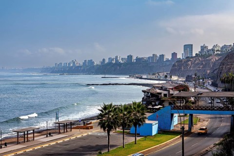 Coastal road with palm trees and views of the seaside city surrounded by cliffs and skyscraper