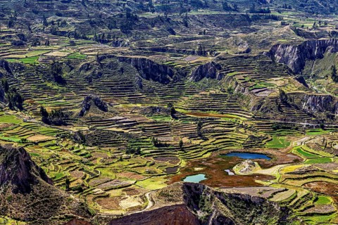 Landscape with terraced fields surrounded by mountains and a small lake under cloudy sky, The