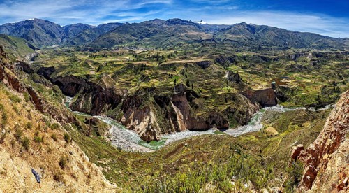 Panorama of a mountain landscape with terraced fields and a river, The landscape of the Colca
