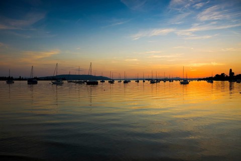 Sailboats, sunset, Allensbach, Untersee, Lake Constance, Baden-Württemberg, Germany