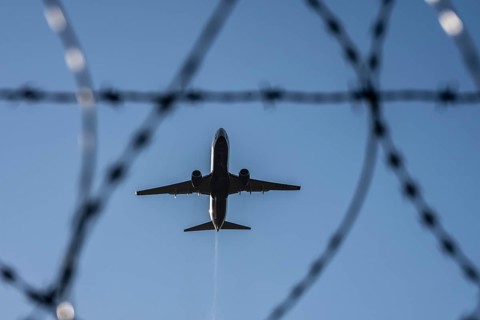 Symbolic picture security at the airport, outer fence at Düsseldorf International Airport, steel