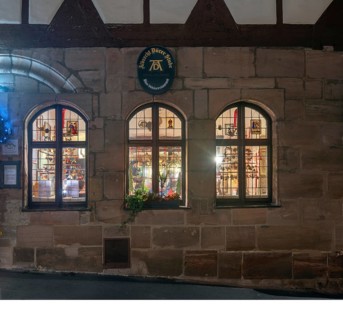 View through the windows of the historic restaurant, Albercht Dürer Stuben, in the old town with