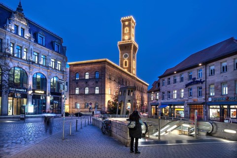 Fürth Town Hall in evening lighting, the tower is imitated the tower of the Palazzo Vecchio in