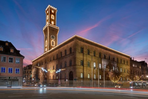 Fürth Town Hall in evening lighting, the tower, is imitated the tower of the Palazzo Vecchio in