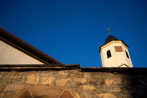 City wall, church tower, Catholic St. Barbara church from 1783, Hofen, Mühlhausen am Neckar