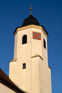 Church tower, Catholic St. Barbara church from 1783, Hofen, Mühlhausen am Neckar district,