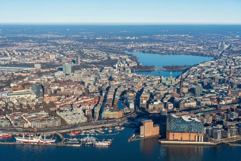 Europe, Germany, Hamburg, Alster, city view, cityscape, winter, aerial view, river, city center,