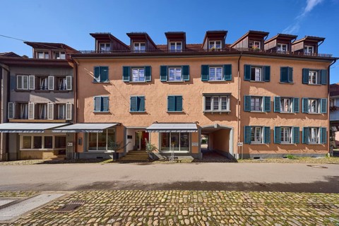 Row of houses, historic buildings, residential buildings, dormers, façade with windows, shutters