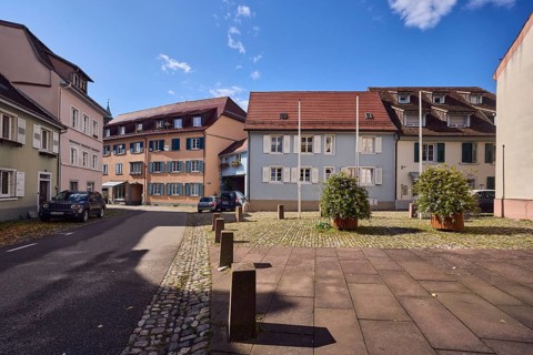 Houses, residential buildings, apartment buildings, façade with windows and shutters, dormers,