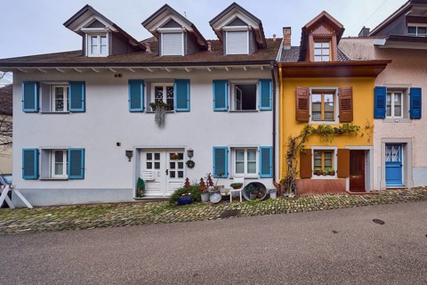 Residential buildings, houses, apartment buildings, façade with entrance, windows, shutters and