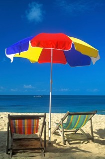 Sunshade and deckchairs on a beach on the island of Ko Lanta, Thailand, December 2002, vintage,