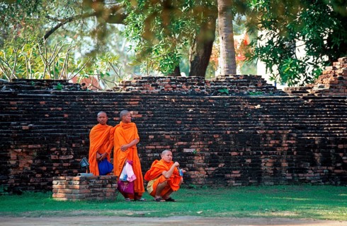 Monks, Wat Phra Si Sanphet, Ayutthaya, Thailand, December 2002, vintage, retro, old, historic