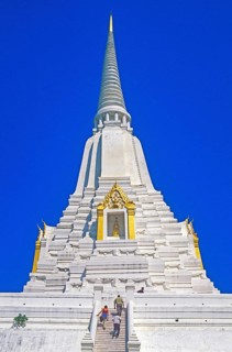 People, Chedi, white and gold temple Wat Phukao Thong, Ayutthaya, Thailand, December 2002, vintage,
