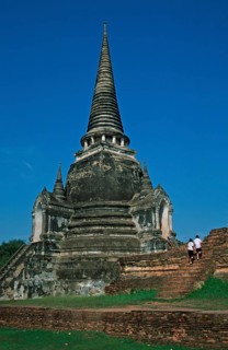 People, chedi at Wat Phra Si Sanphet, Ayutthaya, Thailand, December 2002, vintage, retro, old,