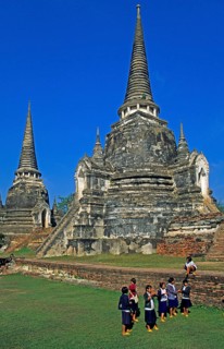 People, girls, chedis at Wat Phra Si Sanphet, Ayutthaya, Thailand, December 2002, vintage, retro,