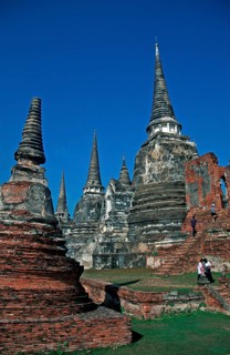 People, Chedis at Wat Phra Si Sanphet, Ayutthaya, Thailand, December 2002, vintage, retro, old,