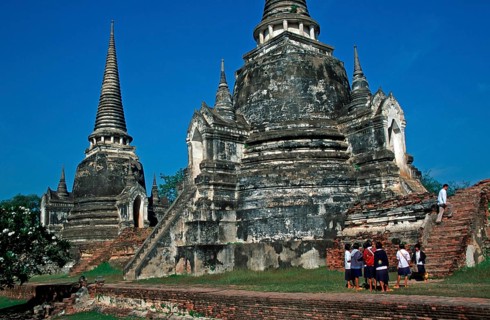 People, girls, chedis at Wat Phra Si Sanphet, Ayutthaya, Thailand, December 2002, vintage, retro,
