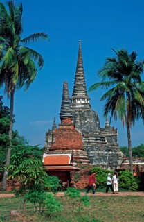 People, Chedis, palm trees at Wat Phra Si Sanphet, Ayutthaya, Thailand, December 2002, vintage,
