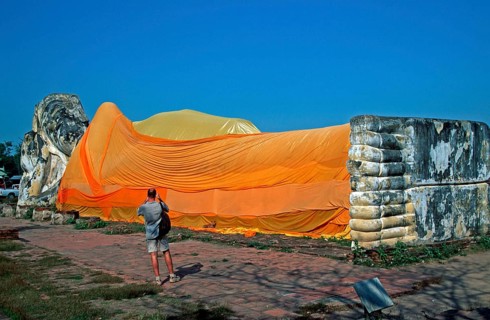 Tourist, statue of reclining Buddha, Ayutthaya, Thailand, December 2002, vintage, retro, old,