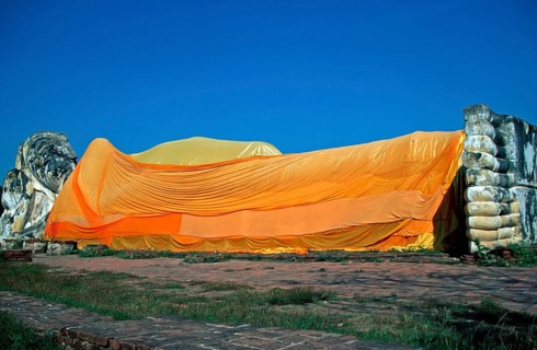 Statue of the reclining Buddha, Ayutthaya, Thailand, December 2002, vintage, retro, old, historic