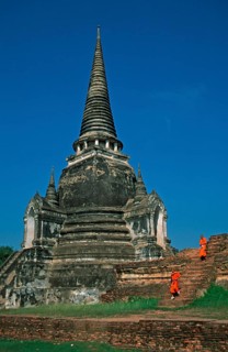Monks, chedi at Wat Phra Si Sanphet, Ayutthaya, Thailand, December 2002, vintage, retro, old,