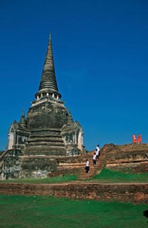 People, monks, girls, chedi at Wat Phra Si Sanphet, Ayutthaya, Thailand, December 2002, vintage,