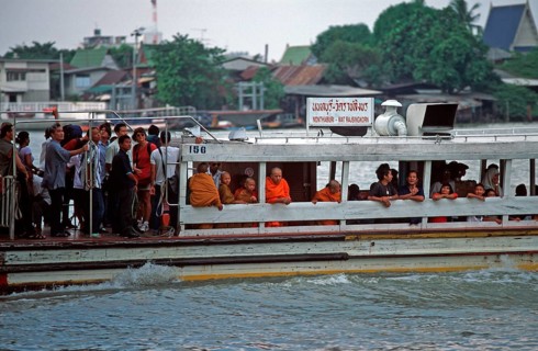Liner on the Mae Nam Chao Phraya River, people, monks, children, Bangkok, Thailand, December 2002,